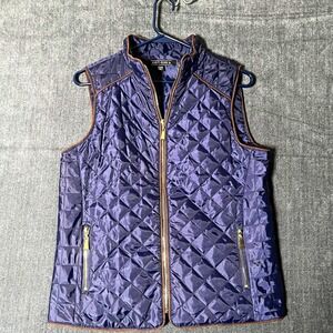 JUST-ONE Women's Quilted Vest Size M Purple Blue Full Zip Gold Accents Puffer